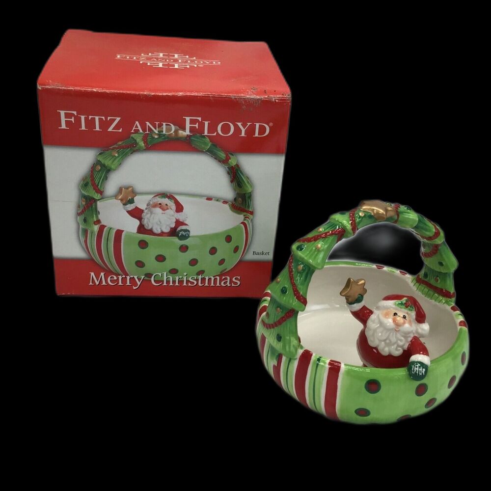 Fitz Floyd Ceramic Santa Bowl Candy Dish With Box Green Stripe Christmas